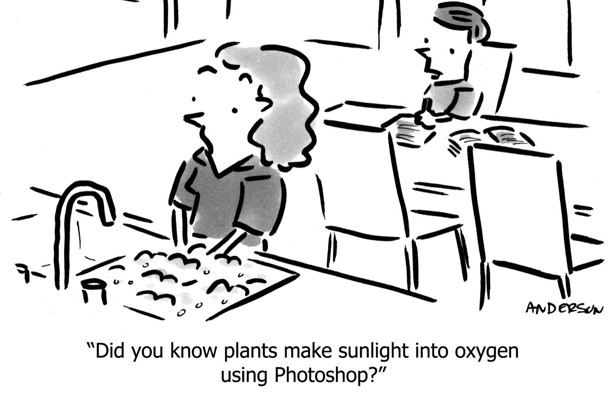 Cartoon of woman washing up while child does his homework. Caption reads: "Did you know plants make sunlight into oxygen using Photoshop?"